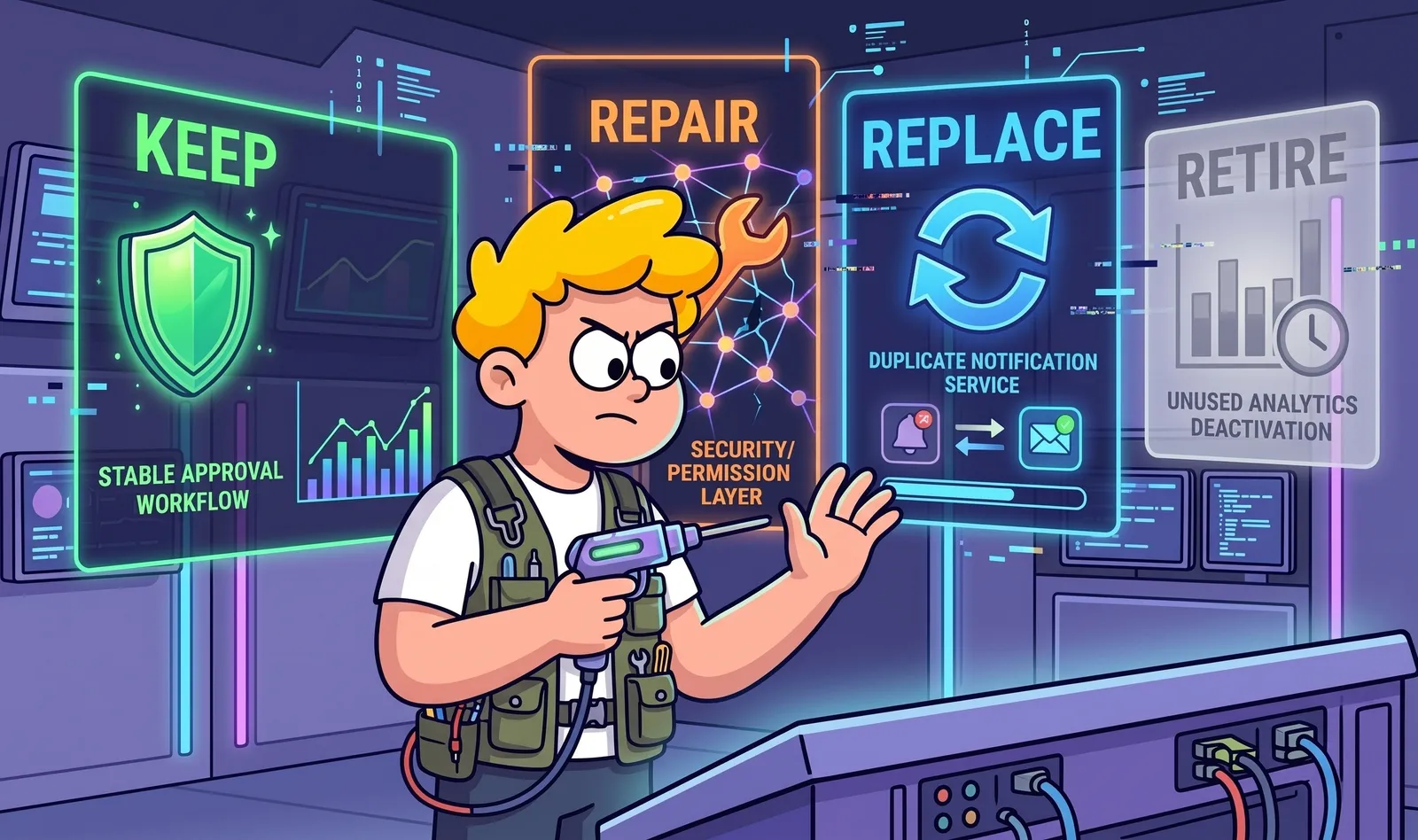 Sorting the product into keep, repair, replace and retire