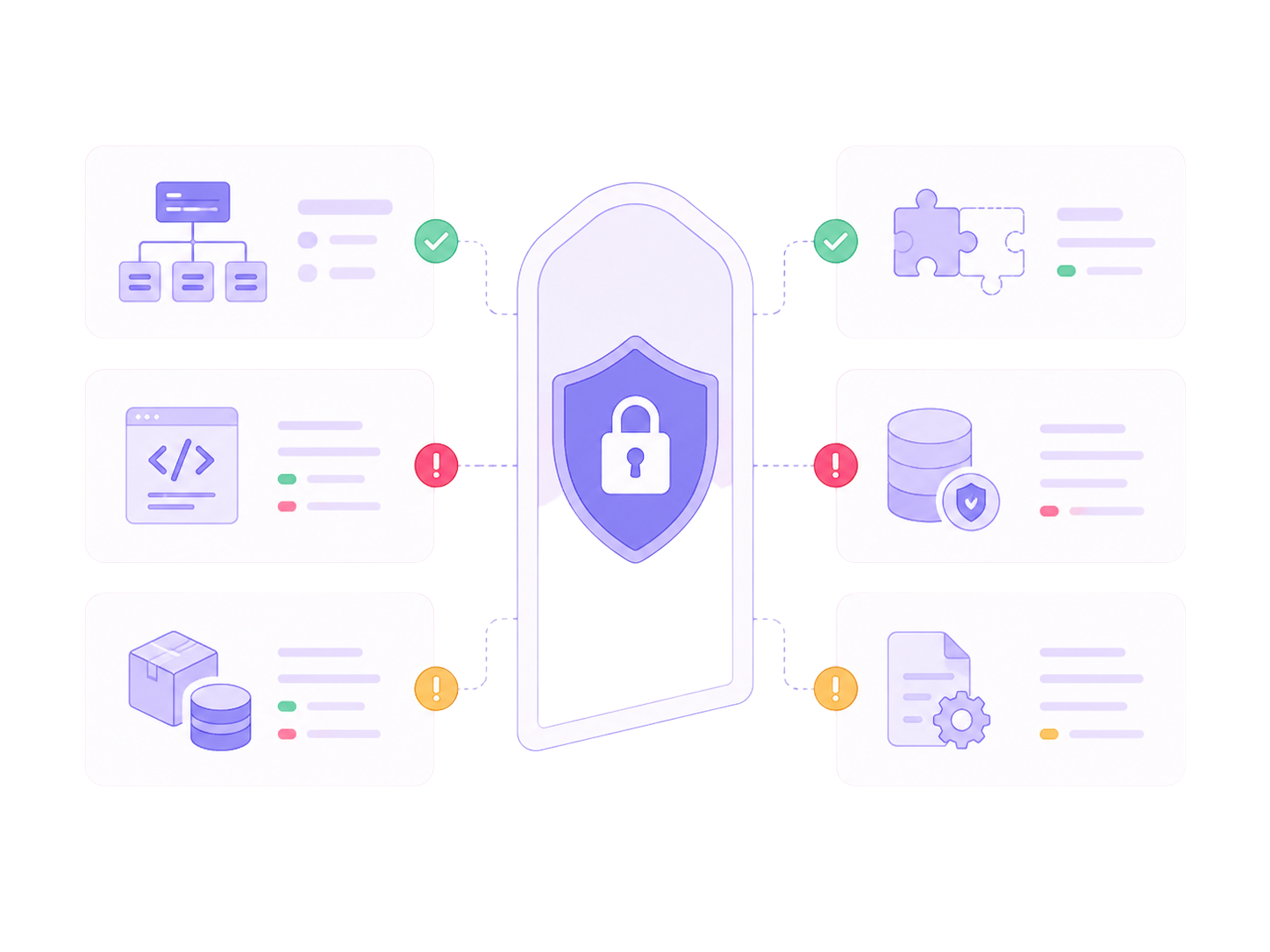Illustration of a code review panel highlighting flagged security and quality issues