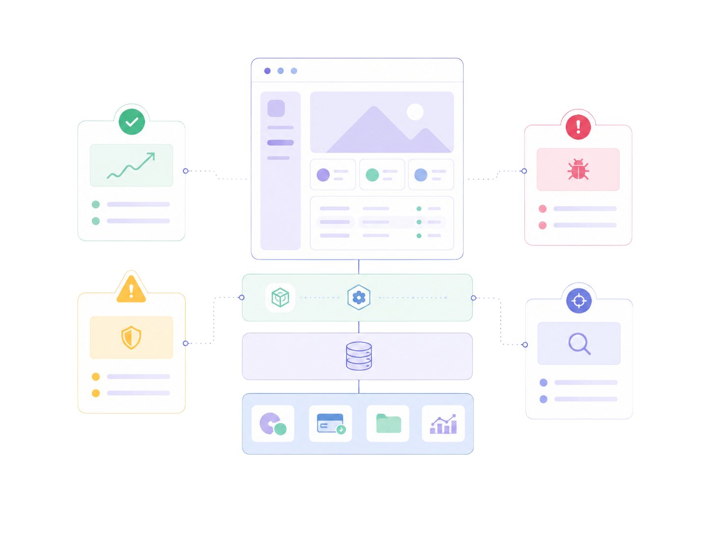 Illustration of a product health dashboard with a bug icon, warning icon, and trend charts