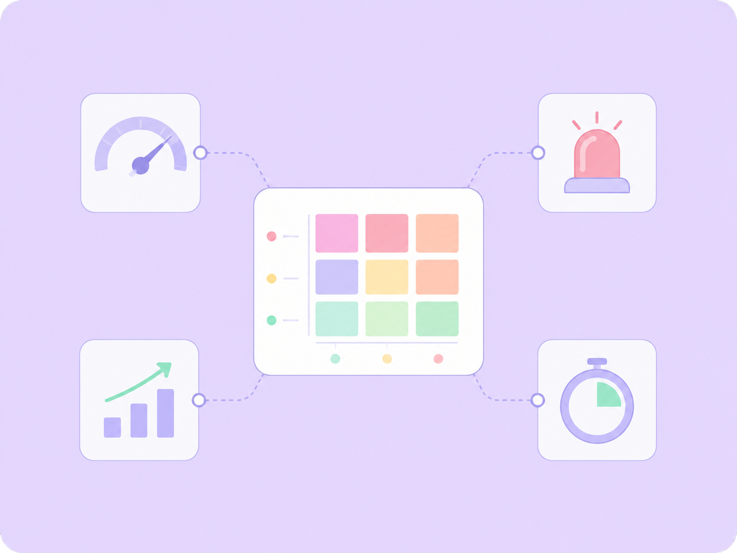 Illustration of a color-coded priority matrix grid with alert and trend icons