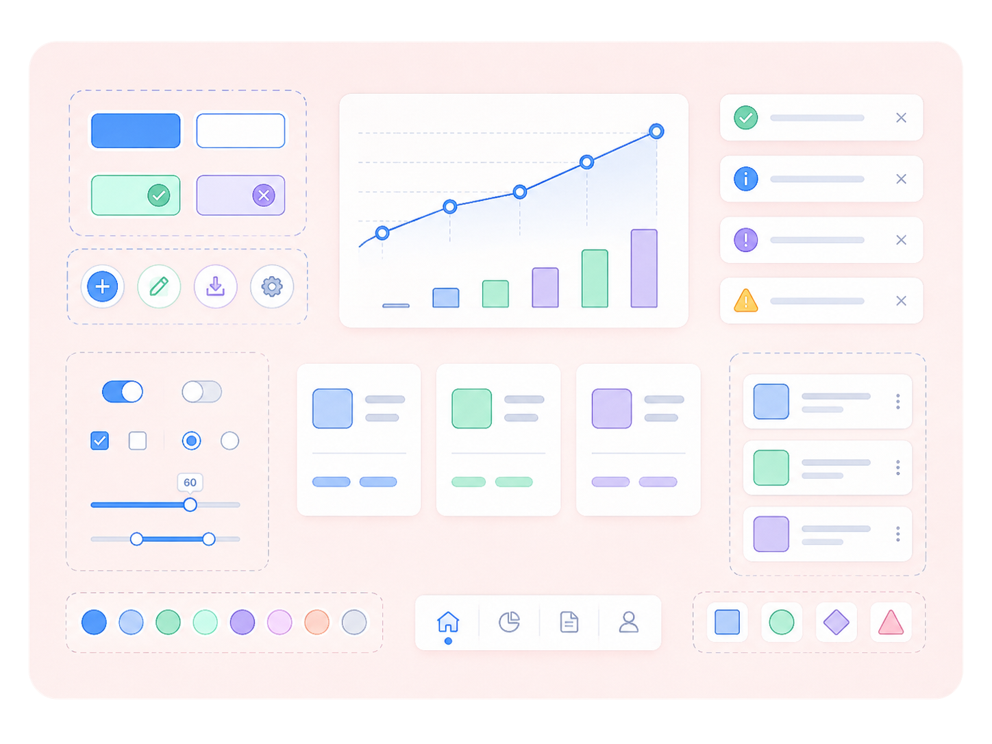 Illustration of reusable UI components — buttons, toggles, and cards — arranged as a design system