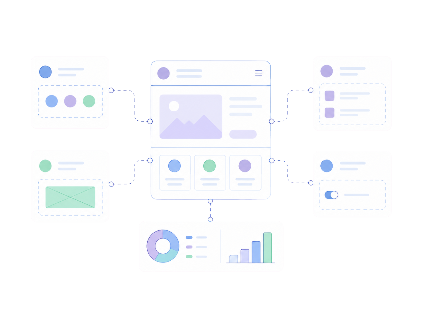 Illustration of connected wireframe cards forming a clickable prototype flow