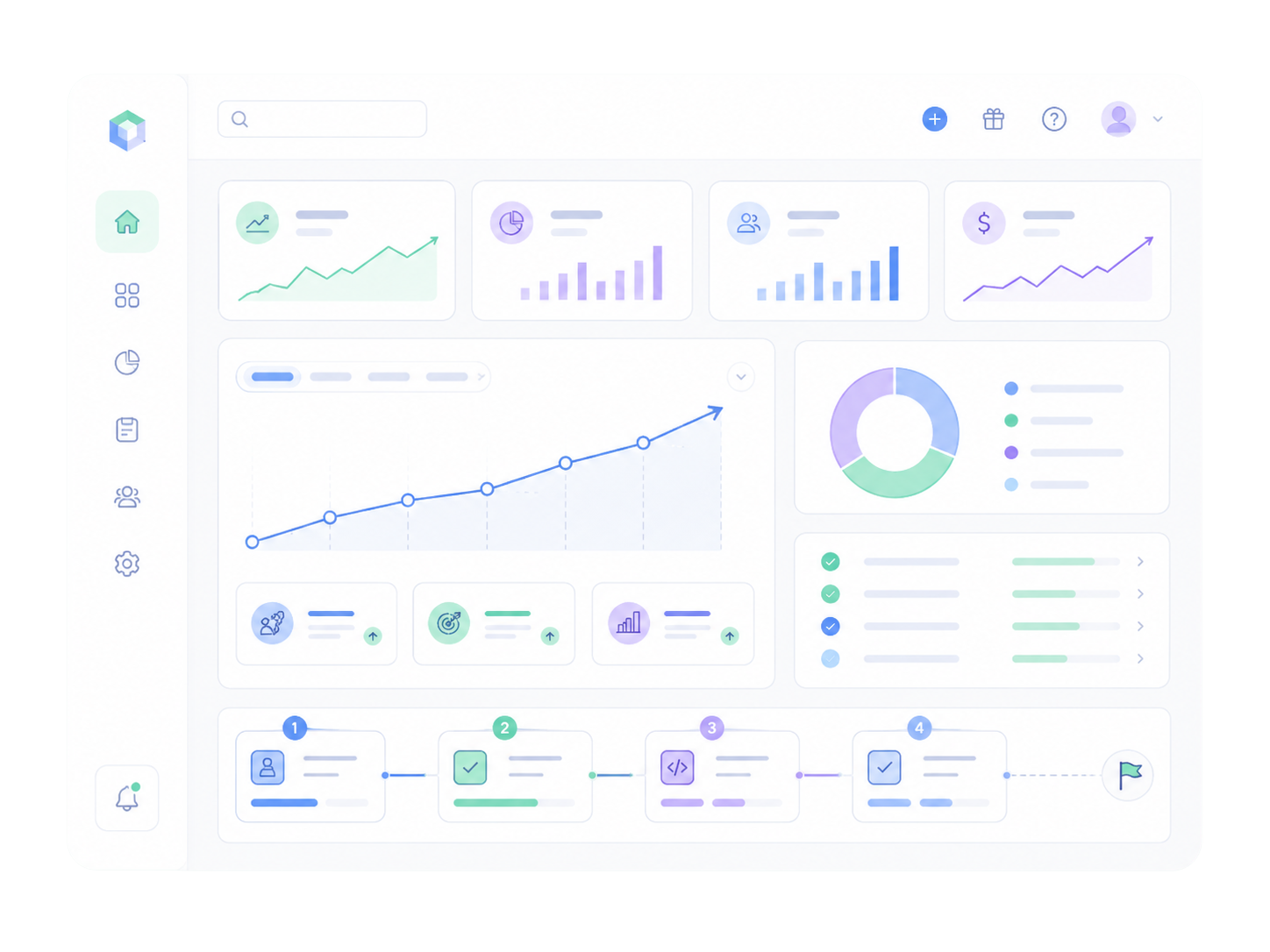 Illustration of a polished dashboard interface with charts and data cards