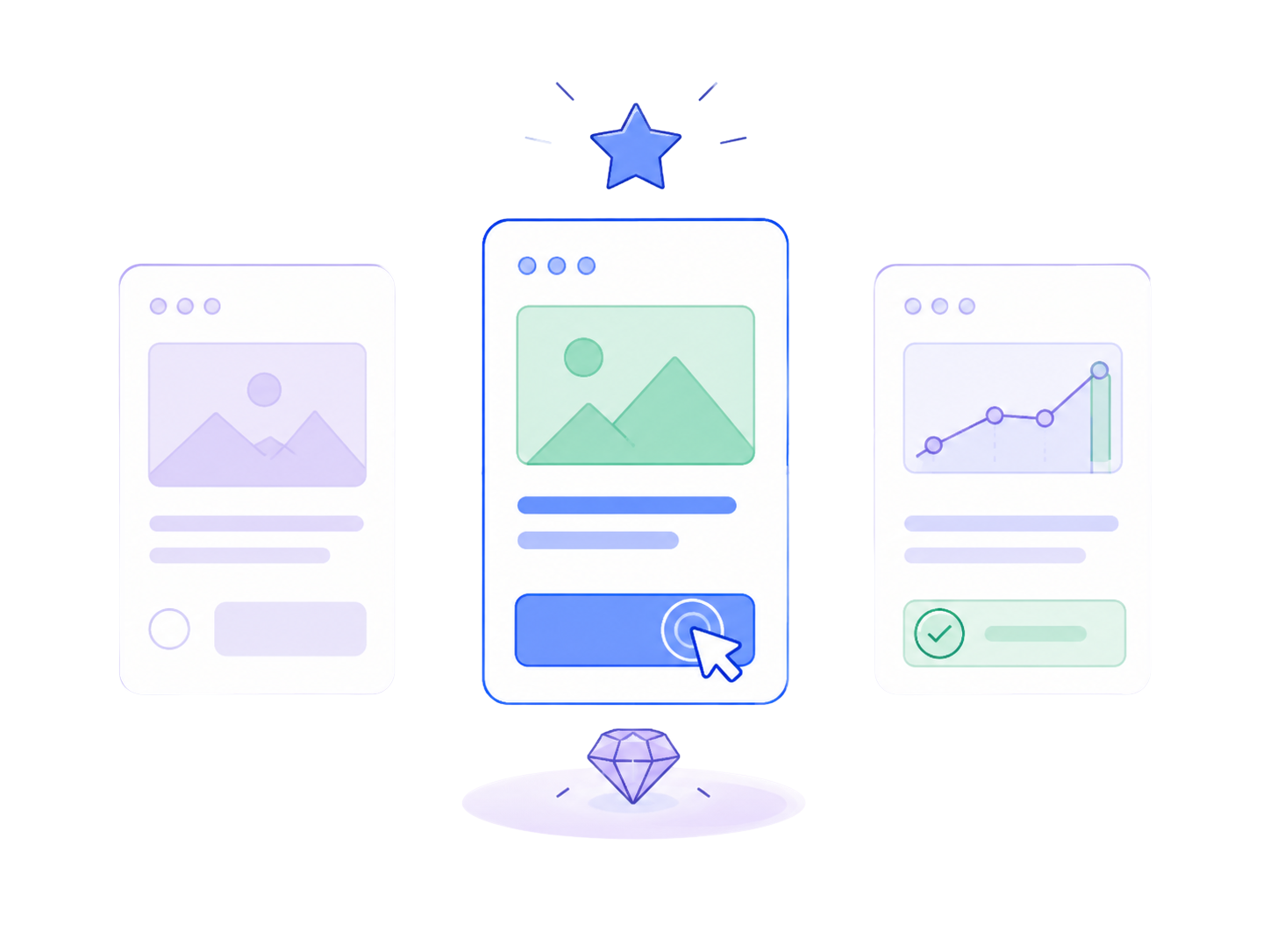 Illustration of a mobile wireframe screen with a cursor tapping a UI element